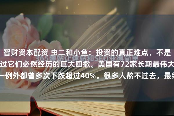 智财资本配资 虫二和小鱼：投资的真正难点，不是发现伟大的公司，而是熬过它们必然经历的巨大回撤。美国有72家长期最伟大的公司，无一例外都曾多次下跌超过40%。很多人熬不过去，最终失去了真正的复利机会。A股50家...